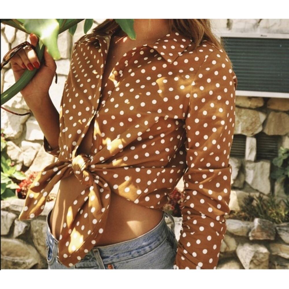 Le Rumi Sonia Top Sz XS | Mustard Polka Dot Cropped Blouse w/Front Tie NWT